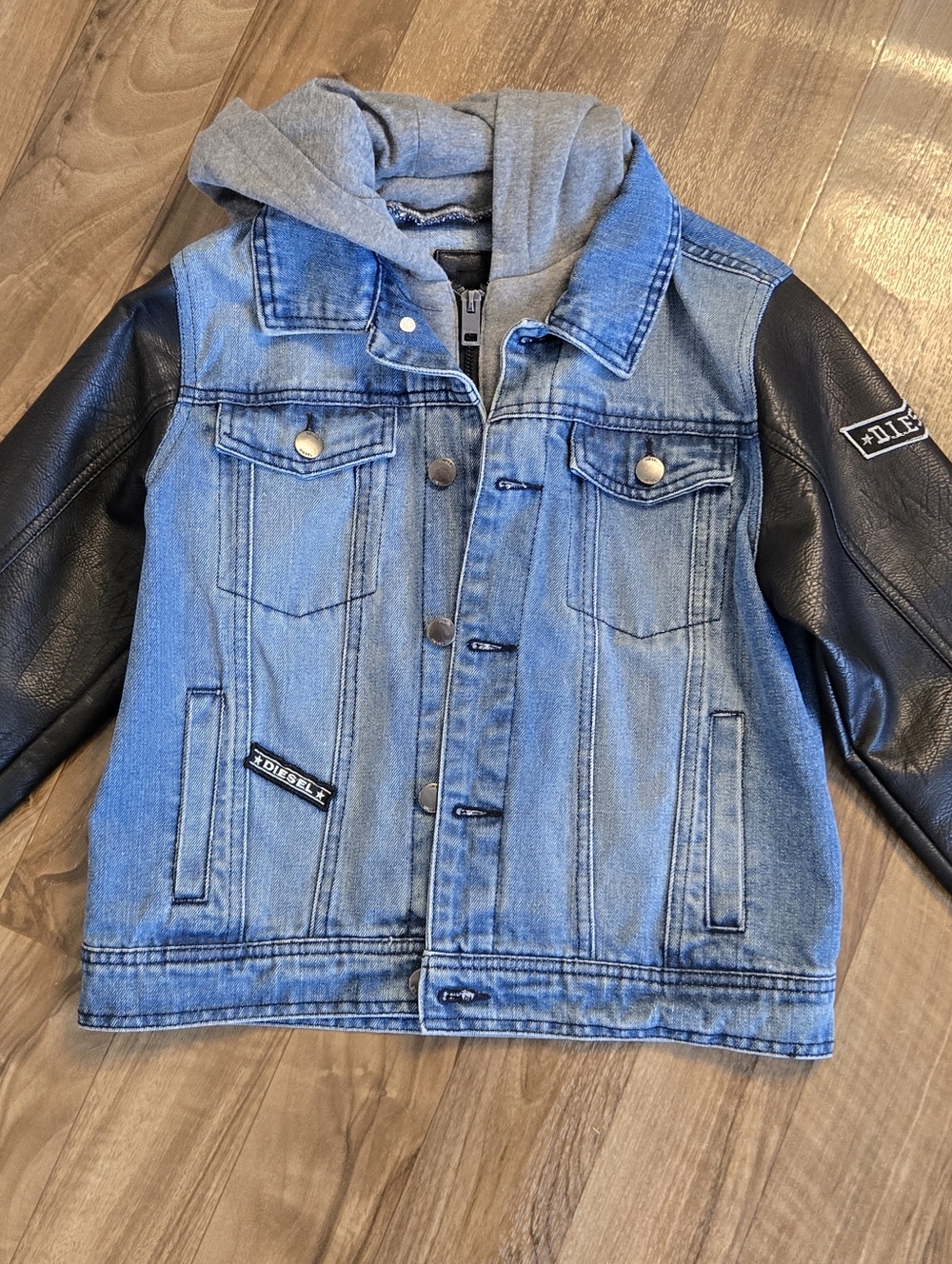 Denim & Faux Leather Jacket with Hood - Blue and Black